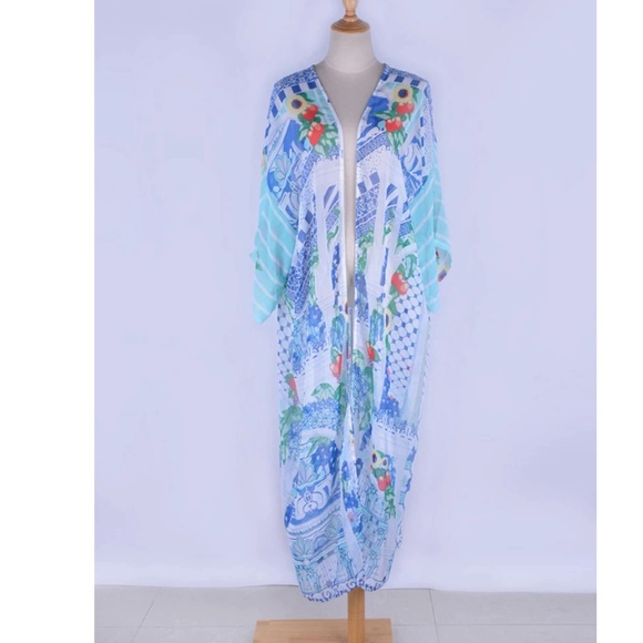 White Blue Boho Kimono Cover up Swim Floral - Picture 6 of 6